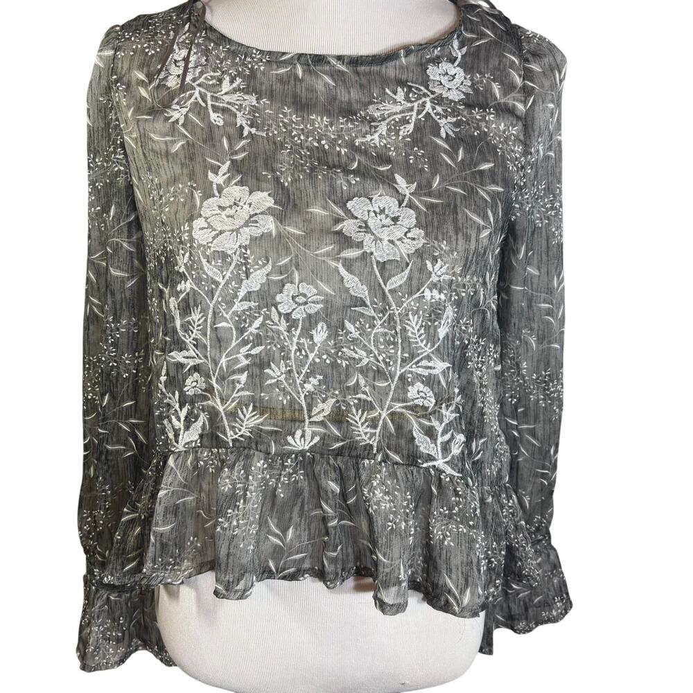 A. CALIN Los Angeles Gray White  Floral Lace Ruffle Blouse Sheer Women’s Sz M